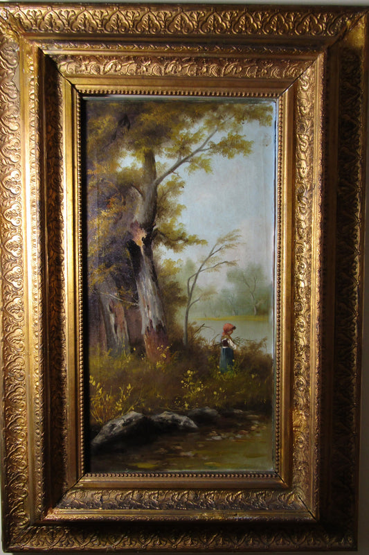 Scuola del XIX secolo- Paesaggio a olio su tela con cornice