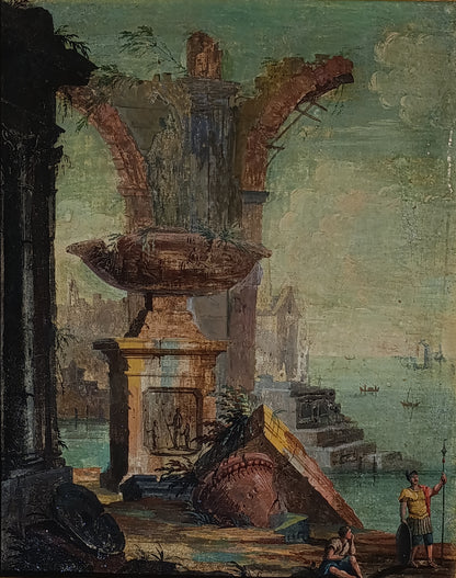 Seguace di Giovanni Paolo Pannini(1691-1765) - Capriccio con rovine