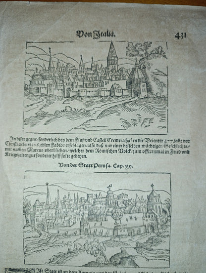 Stampa in folio con raffigurazioni di Perugia e Spoleto, da " De Bierdte Buch" , primi del XVII secolo