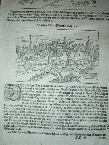 Stampa in folio con raffigurazioni di Perugia e Spoleto, da " De Bierdte Buch" , primi del XVII secolo