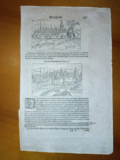 Stampa in folio con raffigurazioni di Perugia e Spoleto, da " De Bierdte Buch" , primi del XVII secolo