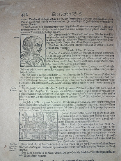 Stampa in folio con raffigurazioni di Perugia e Spoleto, da " De Bierdte Buch" , primi del XVII secolo