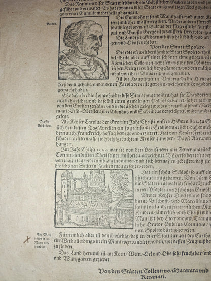 Stampa in folio con raffigurazioni di Perugia e Spoleto, da " De Bierdte Buch" , primi del XVII secolo