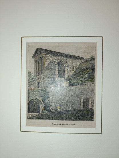 Ancient woodcut from the end of the 19th century depicting the Tempietto sul Clitunno