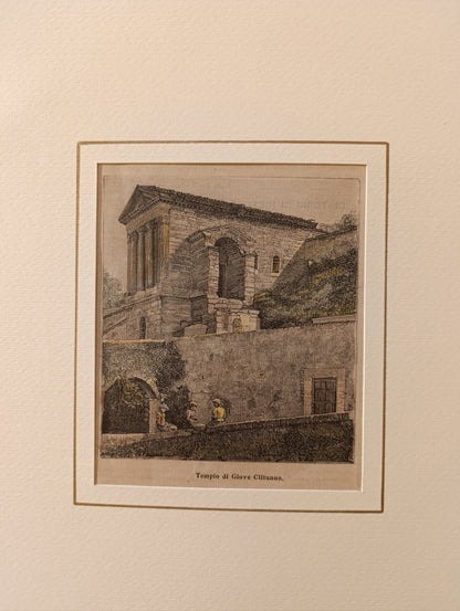 Ancient woodcut from the end of the 19th century depicting the Tempietto sul Clitunno