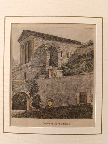 Ancient woodcut from the end of the 19th century depicting the Tempietto sul Clitunno