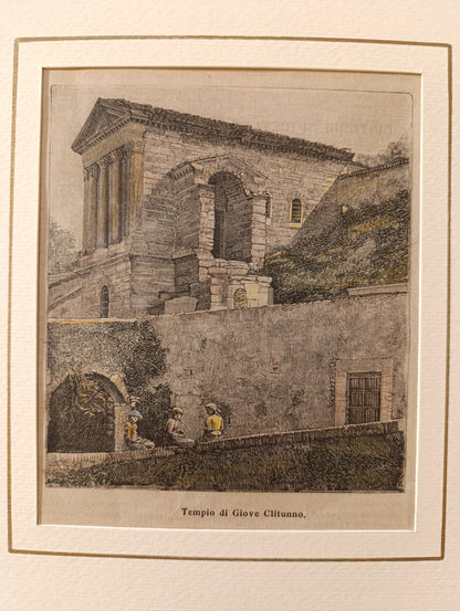 Ancient woodcut from the end of the 19th century depicting the Tempietto sul Clitunno